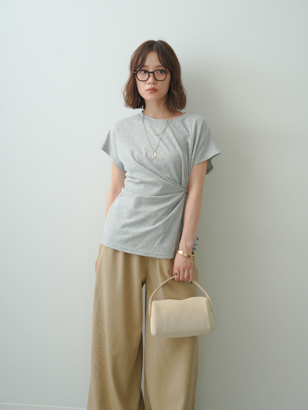 [SET]サイドノットTEE+ポーチベルト付サイドビジュータックワイドパンツ(2set)