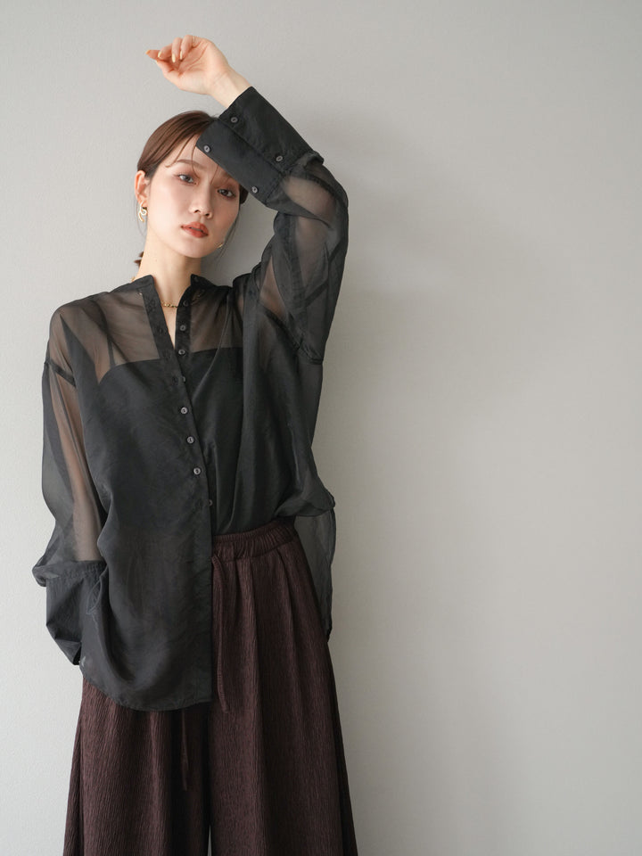 [予約]シャイニーシアーバンドカラーシャツ/ブラック