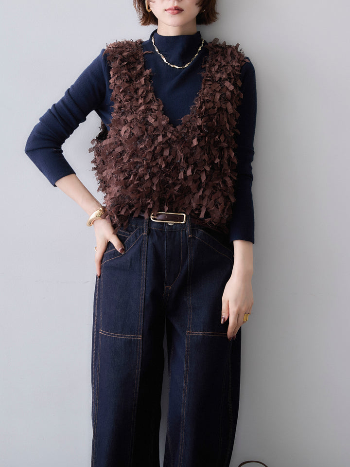 [SET]リボンフリンジベスト+モックネックリブスリムニットトップス+パネルステッチバレルデニム(3set)