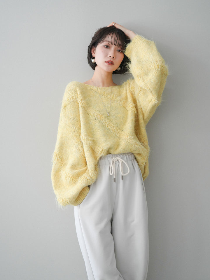 [SET]シャギーデザインニットプルオーバー+裾ZIPスエットワイドパンツ(2set)