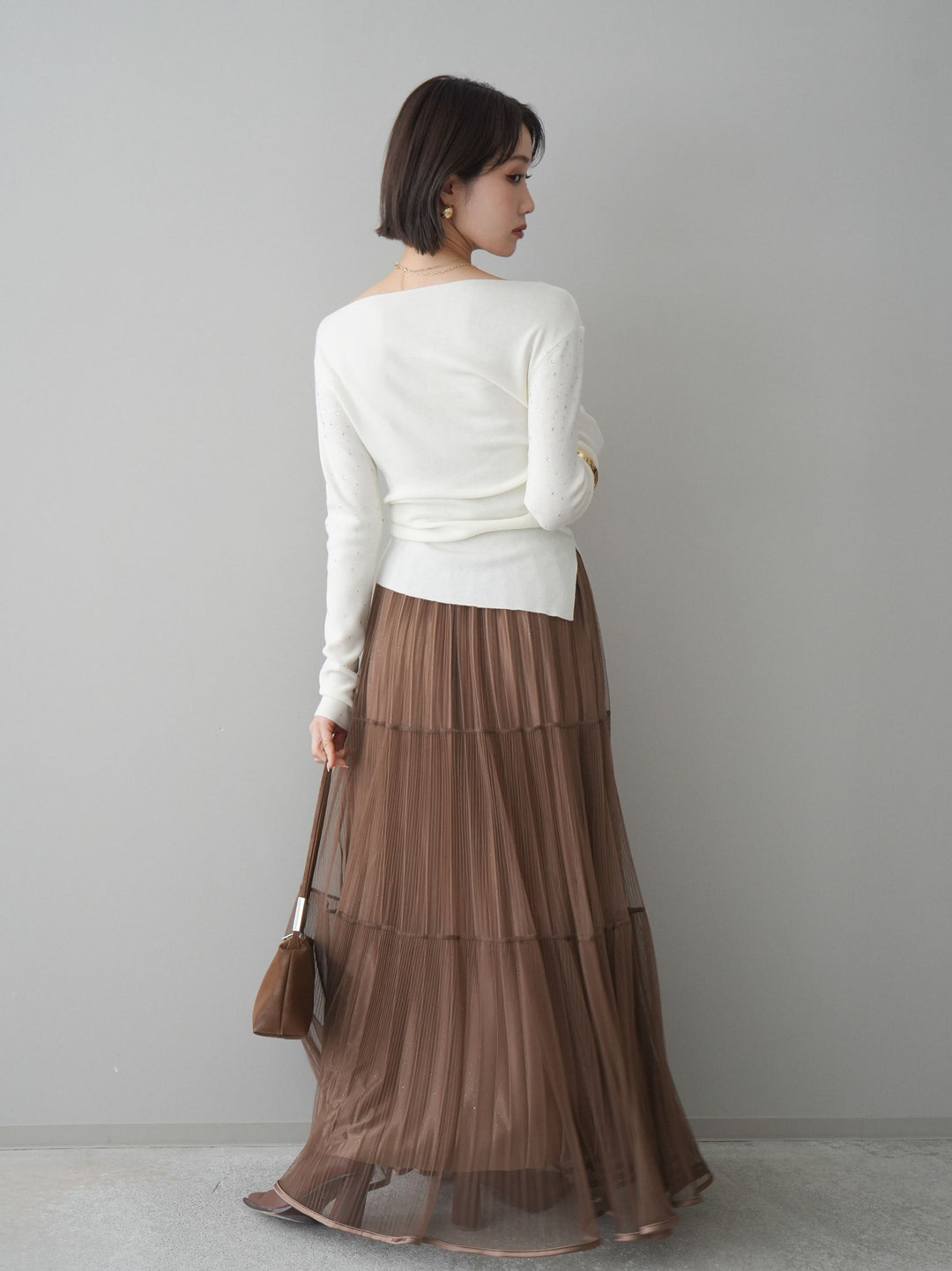 [SET]ラインストーンアシンメトリーニットトップス+ラメプリーツレイヤードチュールロングスカート(2set)