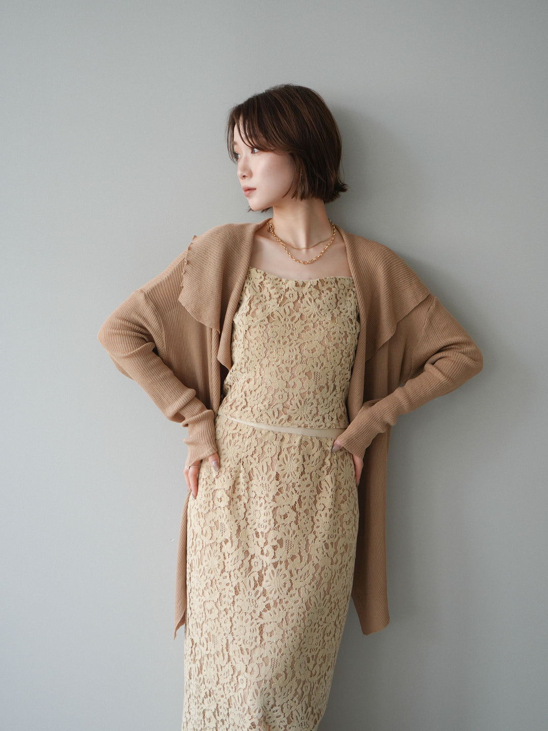 【預購】垂褶羅紋針織長裙 / 米色