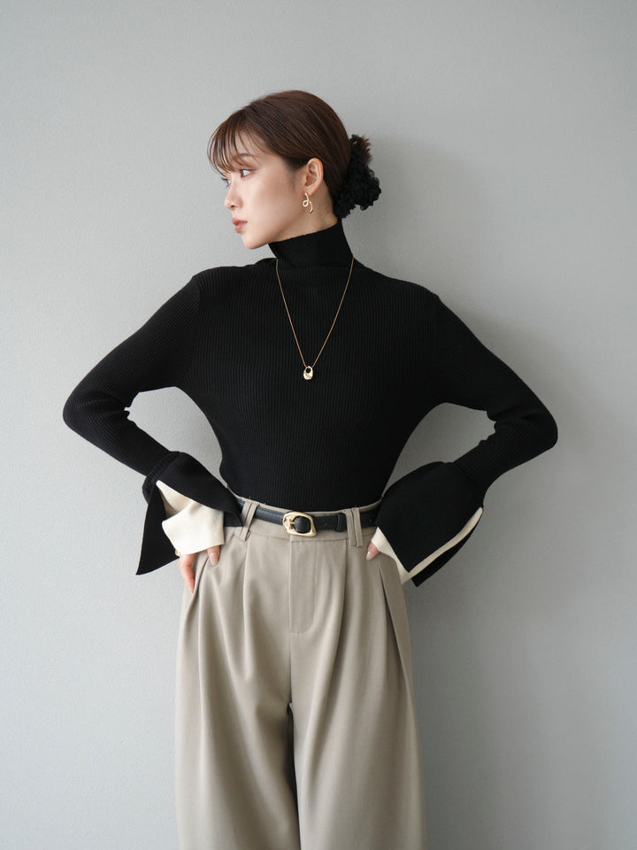 [SET] 疊層喇叭袖高領針織上衣 + 雙褶寬褲 (2 套)