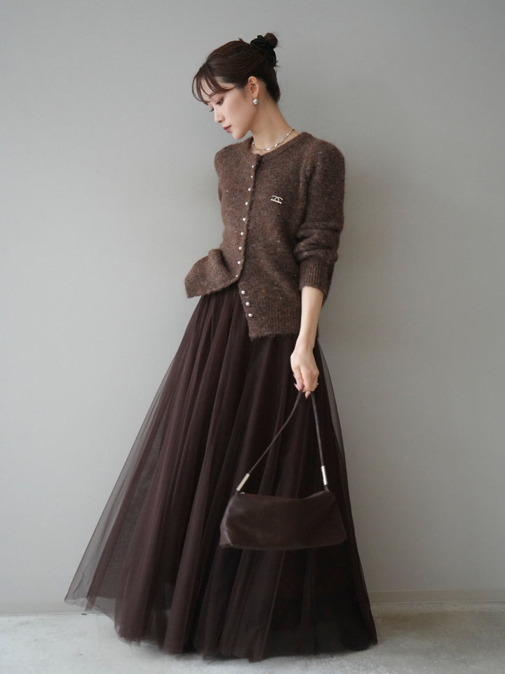 [SET]ブローチ付silverボタンミックスニットカーディガン+チュールボリュームスカート(2set)