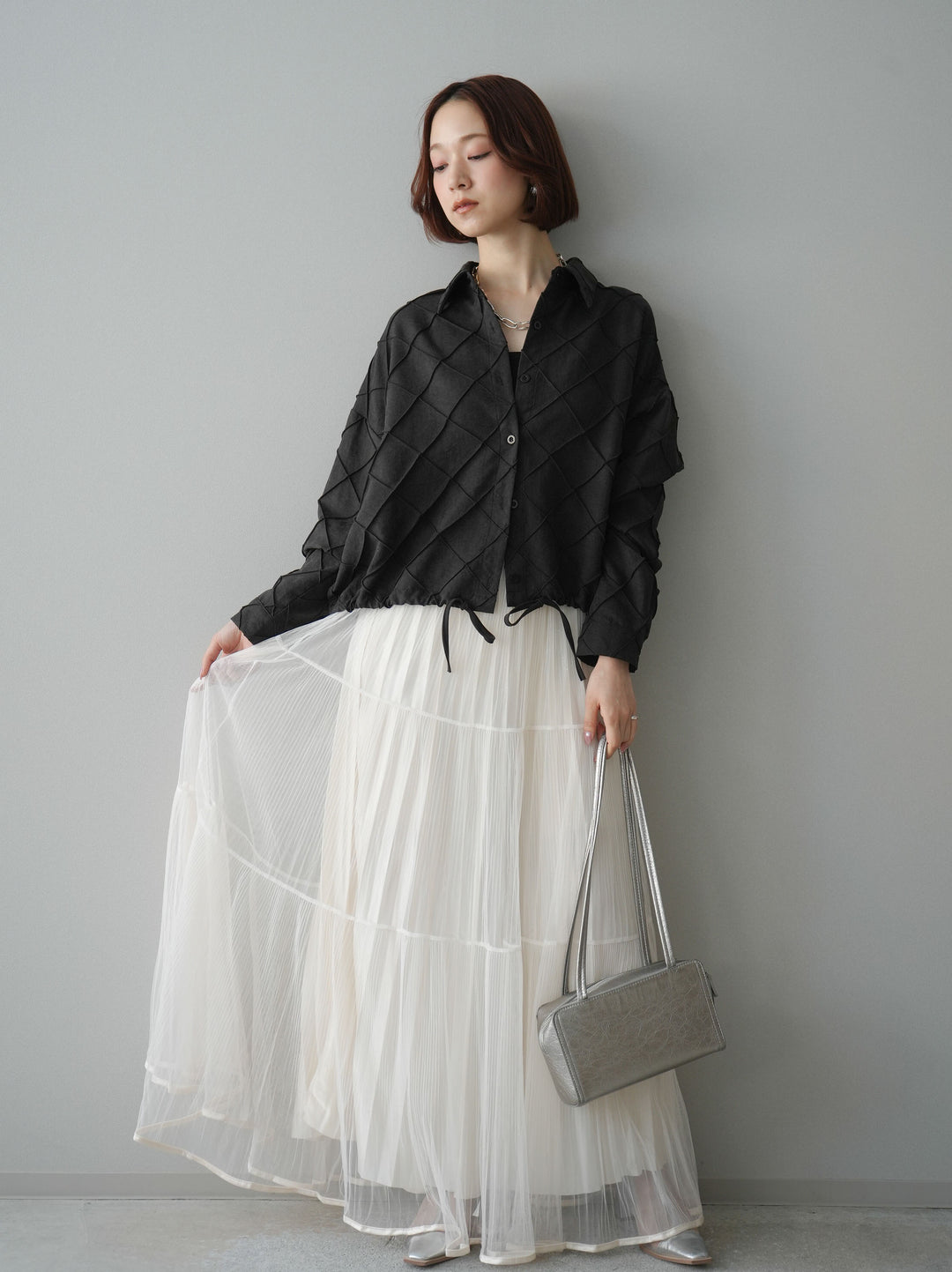 [予約]ラメプリーツレイヤードチュールロングスカート/ivory