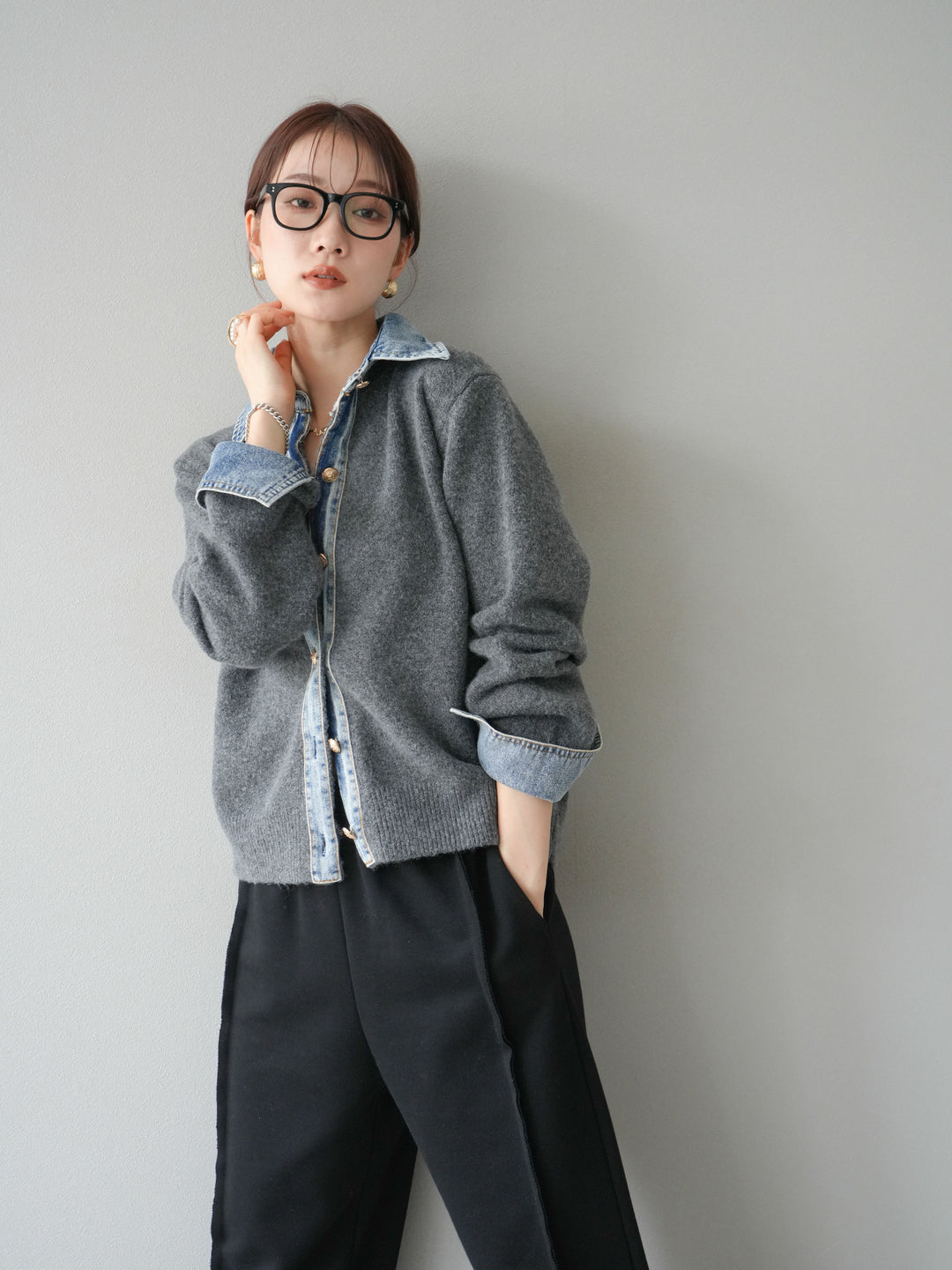 【着回しセット】[SET]デニム襟ボタンニットカーディガン+デニム襟ボタンニットカーディガン+2WAYデザインスウェットパンツ(3set)