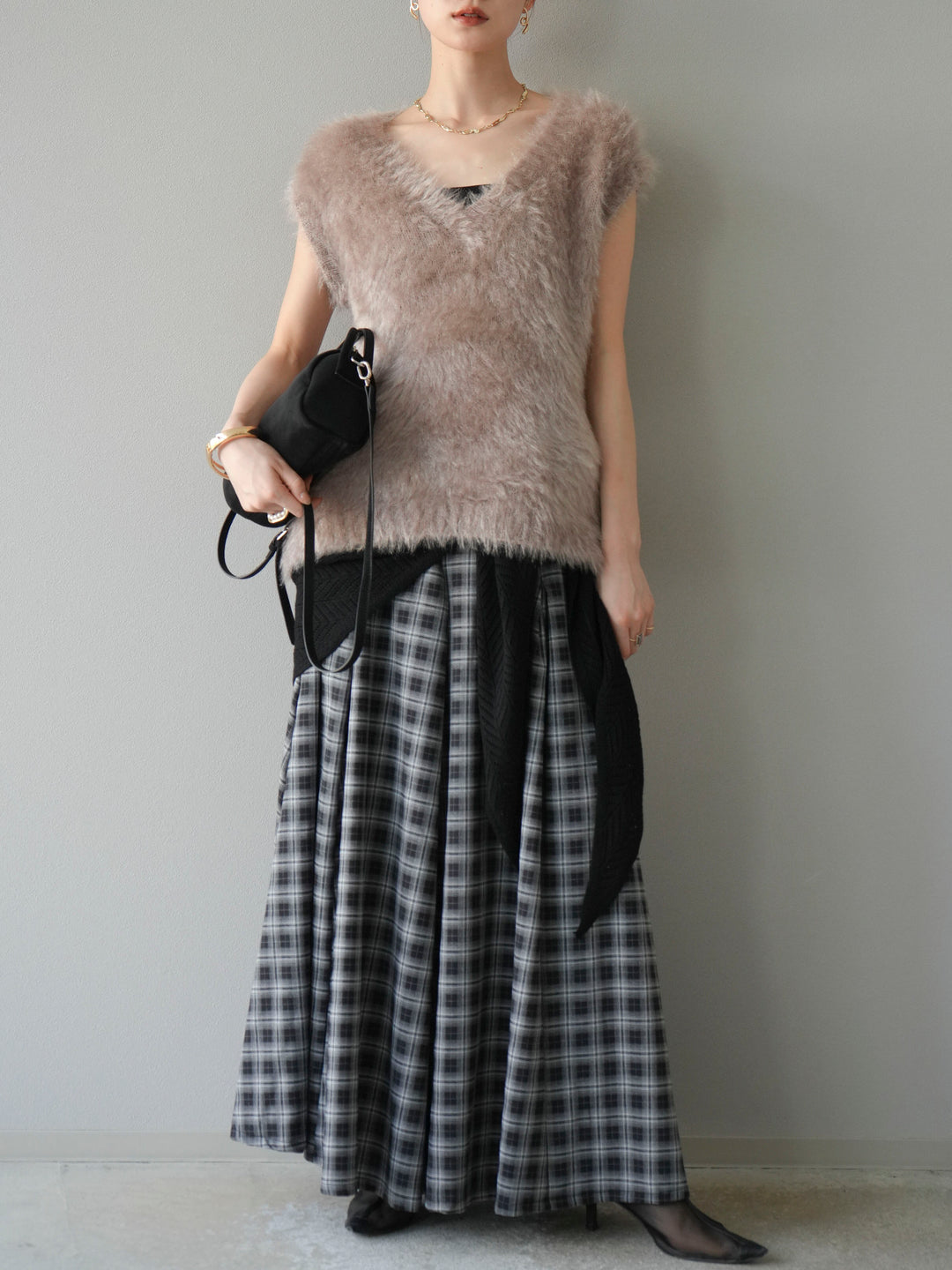 [予約]チェックタックフレアロングスカート/ ブラック