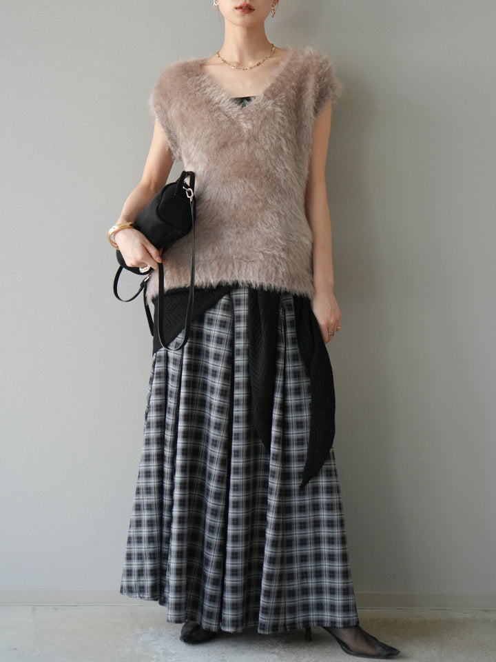 [予約]チェックタックフレアロングスカート/ ブラック