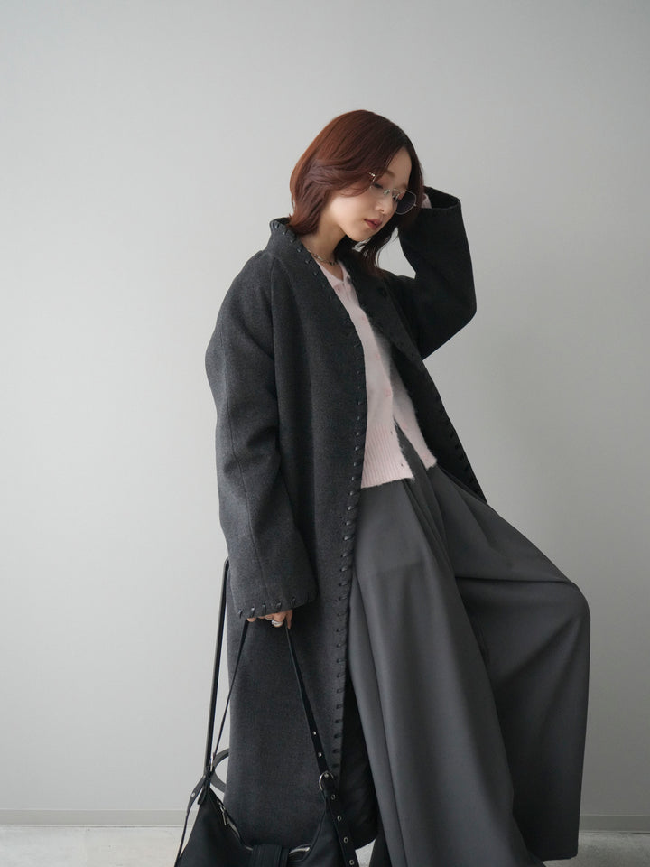 [SET]ハンドステッチ裏中綿ロングコート+モヘア衿付きボタンプルオーバー+テープベルトタックバギーパンツ(3set)