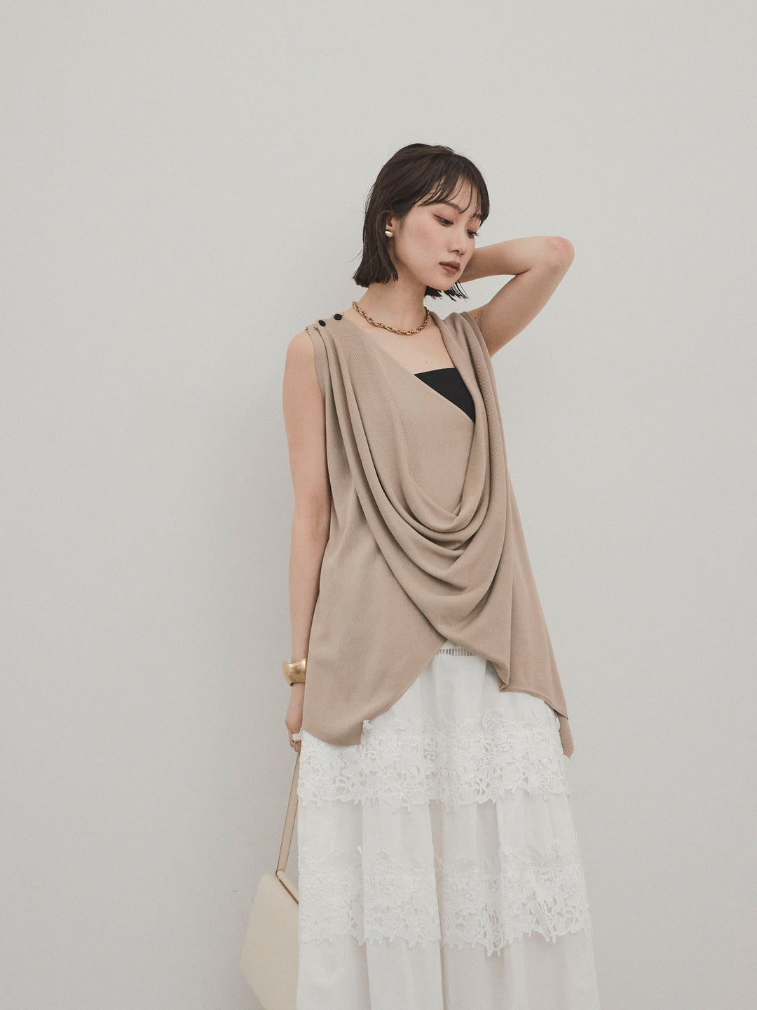 [予約]ドライタッチドレープニットプルオーバー/ベージュ