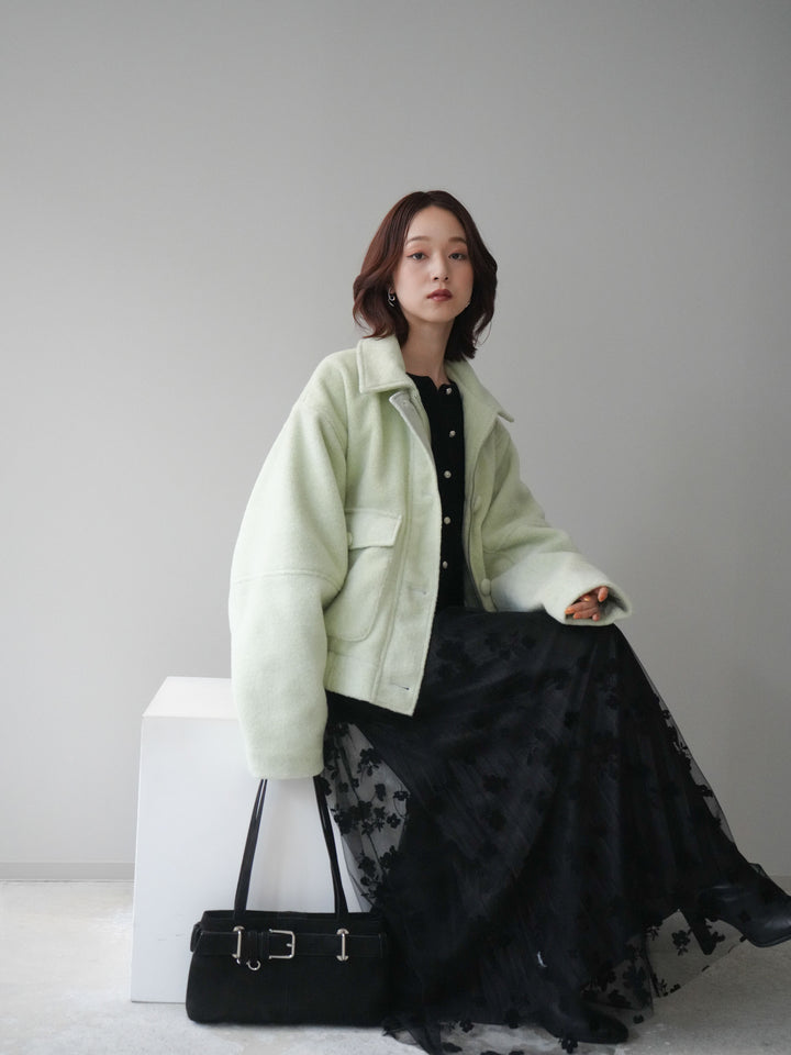 [SET]ウールライクフライトジャケット+アンティークボタンニットカーディガン+フラワーフロッキーチュールプリーツスカート(3set)