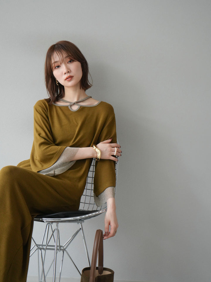 [予約]デザインネックラメシアー切替ニットワンピース/カーキ