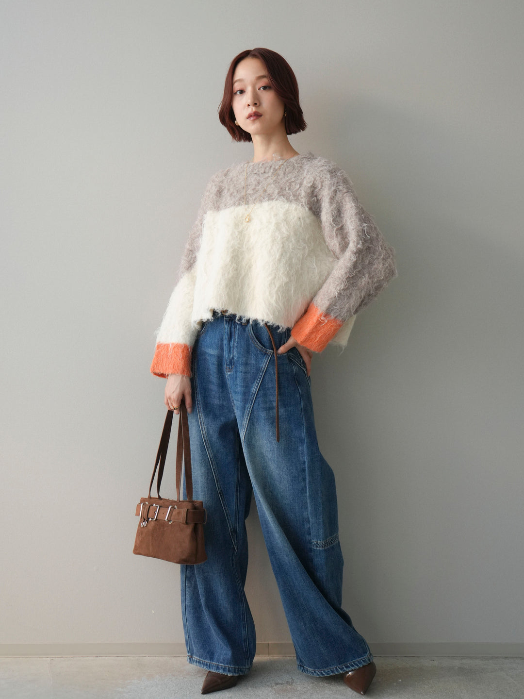 [SET]バイカラーモヘアタッチニットプルオーバー+裏起毛加工デニムカーブパンツ(2set)