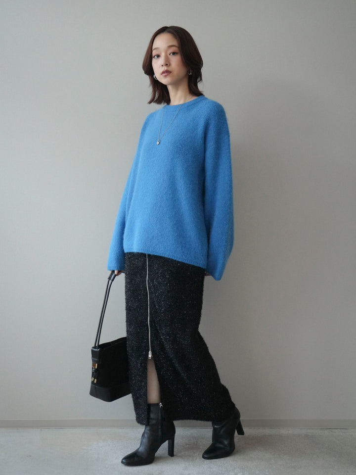 [SET]アンゴラタッチクルーネックニットプルオーバー+ラメシャギーフロントジップスカート(2set)