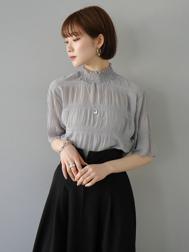 [SET] Shirring chiffon half sleeve blouse + 2WAY flare jumper skirt (2set)