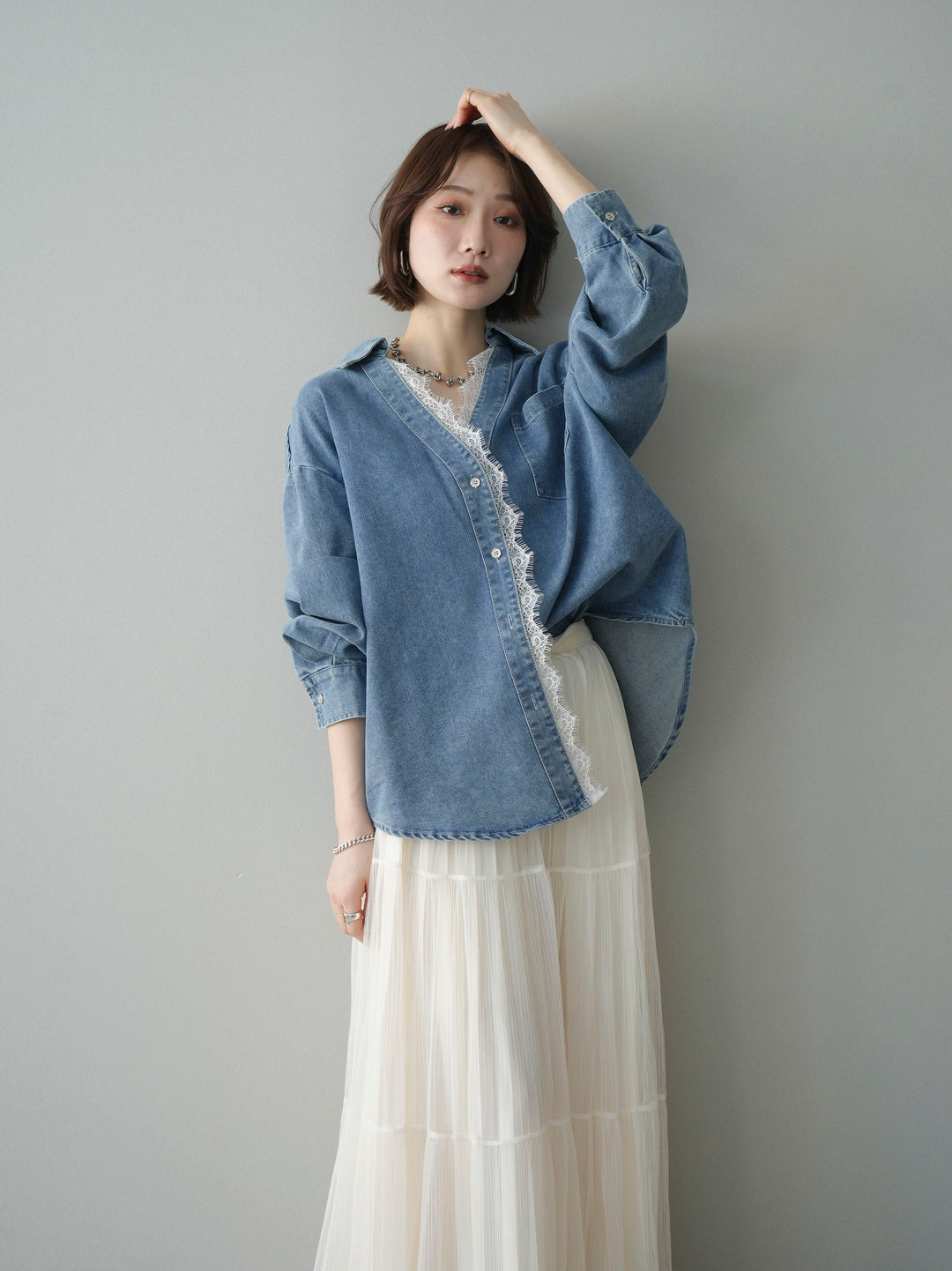 [SET]レースレイヤードデニム開襟シャツ+ラメプリーツレイヤードチュールロングスカート(2set)