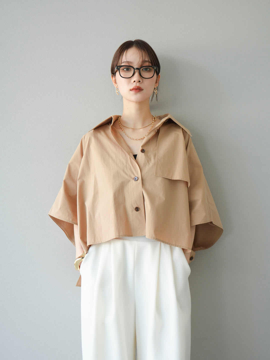 [SET]ポンチョショートシャツ+リネンライクイージーワイドパンツ(2set)