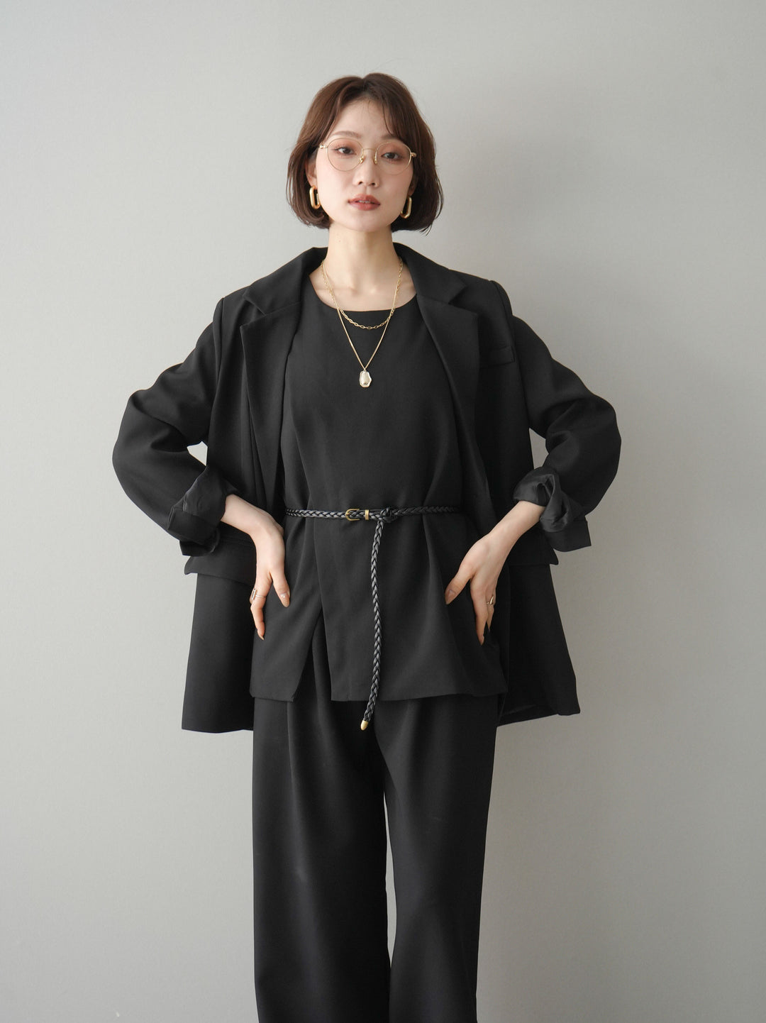 [SET]ベルト付ノースリーブトップス＆ワイドパンツSETUP+バックスリットデザインジャケット(2set)