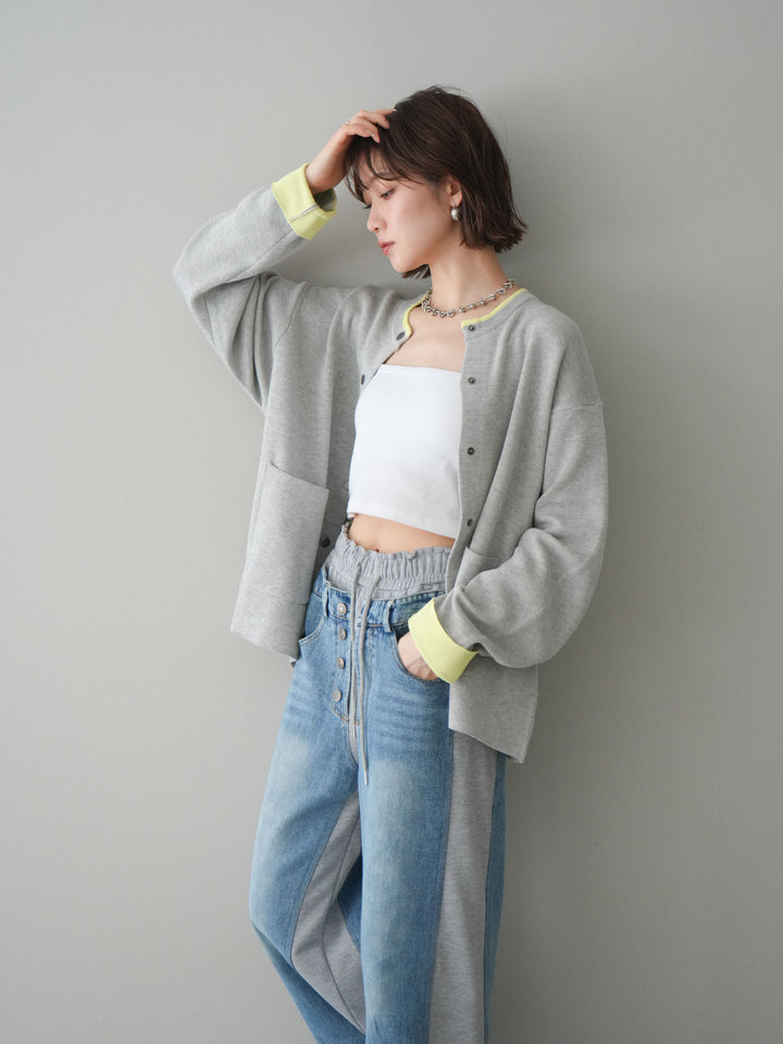 [SET]バイカラーオーバーニットカーディガン+デニム切替スウェットパンツ(2set)