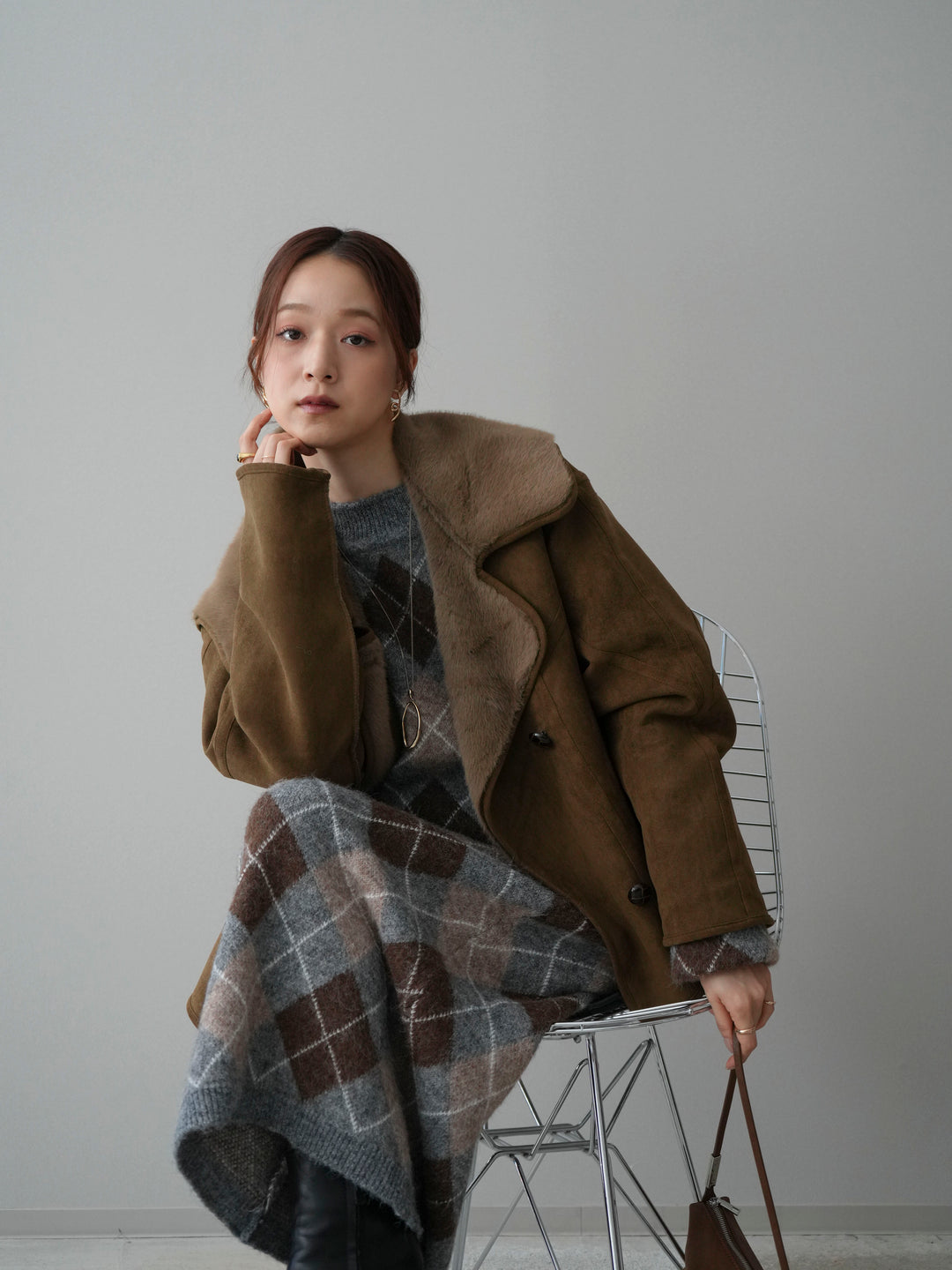 [SET]アーガイルニットプルオーバー&ロングスカートSET UP+ムートンショートジャケット(2set)