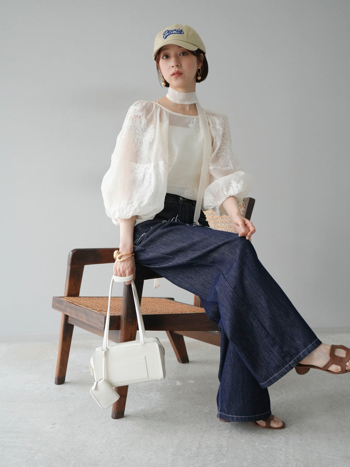 [SET]刺繍シアーバルーンスリーブブラウス+ヒップデザインデニムパンツ(2set)