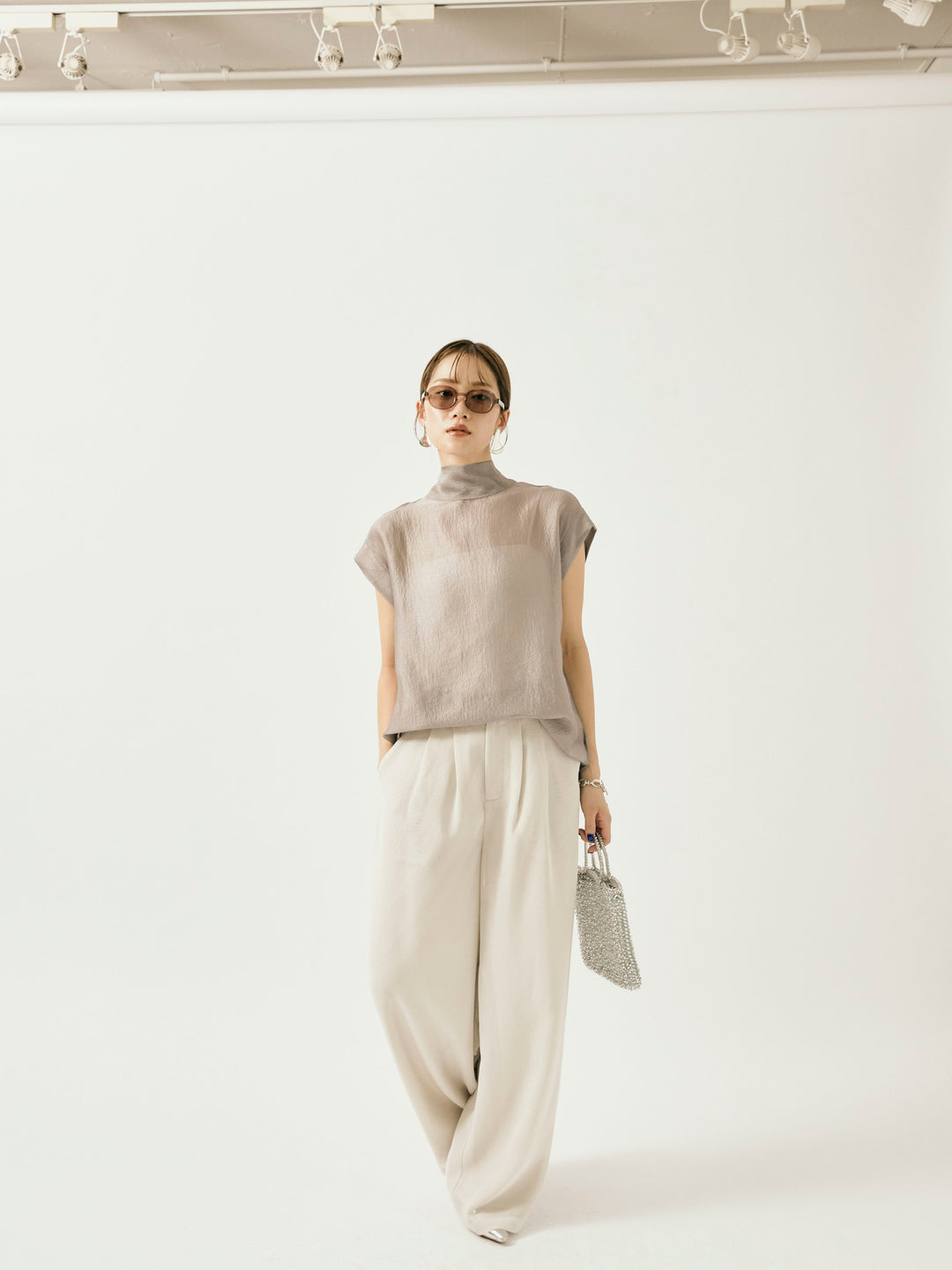 【Allure】[SET]シャイニーシアーブラウス+メッシュタックワイドパンツ(2set)