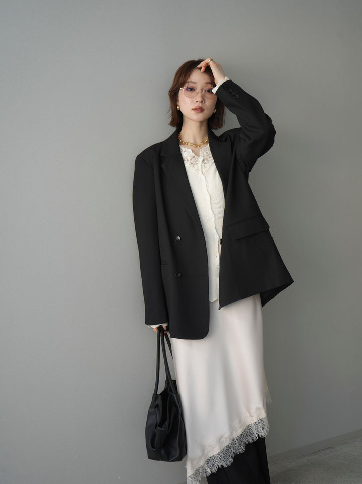 [SET]ダブルブレストオーバージャケット+サテンライクアシメレーススカート+センターシームフレアパンツ(3set)