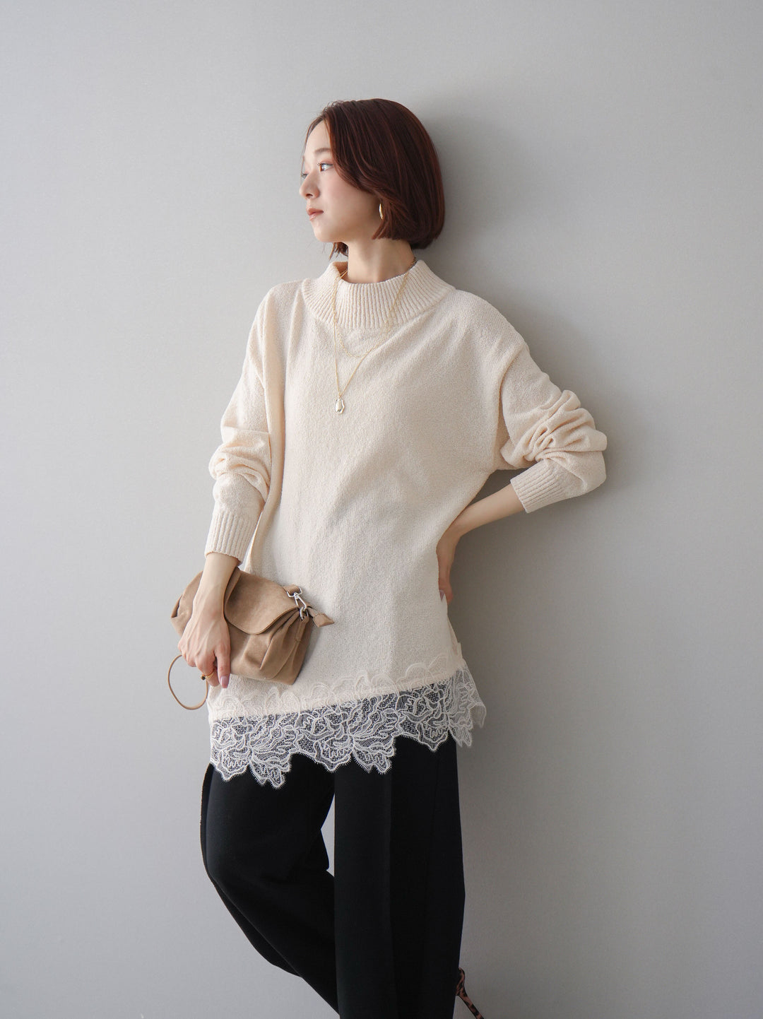 [SET]アシンメトリーレースヘムニットプルオーバー+2WAYデザインスウェットパンツ(2set)