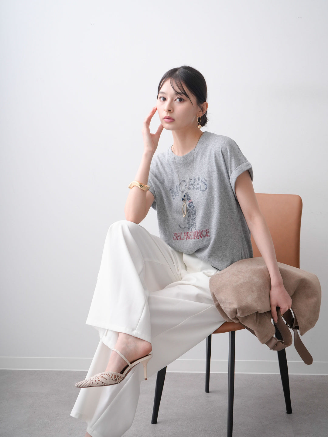 [SET]ドッグエンブロイダリーTEE+アシンメトリーベルトタックワイドパンツ(2set)