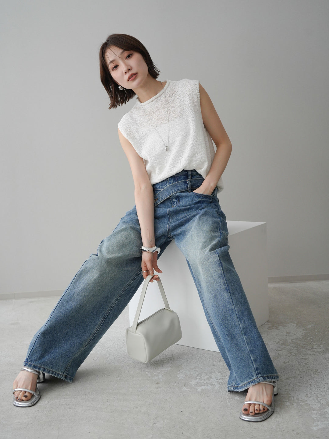 [予約]ノースリーブリネンタッチシアーニットプルオーバー/white