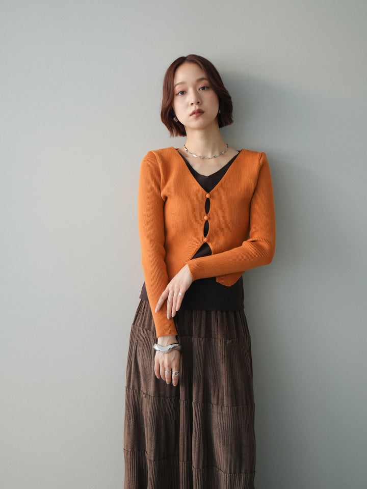 [SET]Vネック配色レイヤードスリットニットトップス+型押しスエードティアードプリーツスカート(2set)