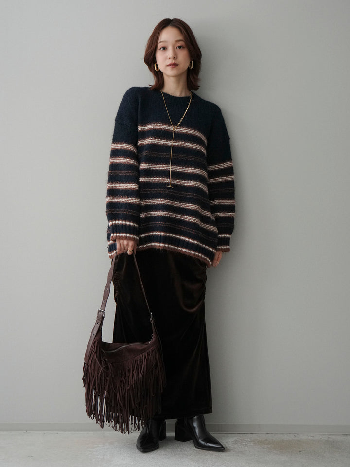 [SET]ステッチボーダーニットプルオーバー+ギャザーベロアスカート(2set)