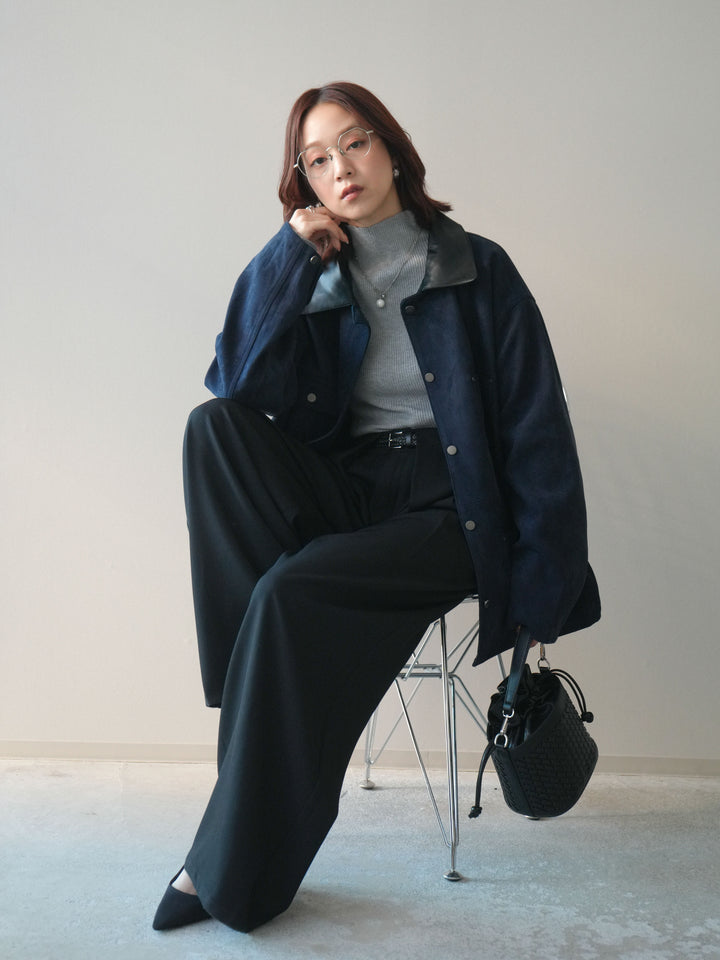 [SET]襟レザーステンカラースエードジャケット+袖ボタンボトルネックリブニットトップス+ベルトループデザインワイドパンツ(3set)