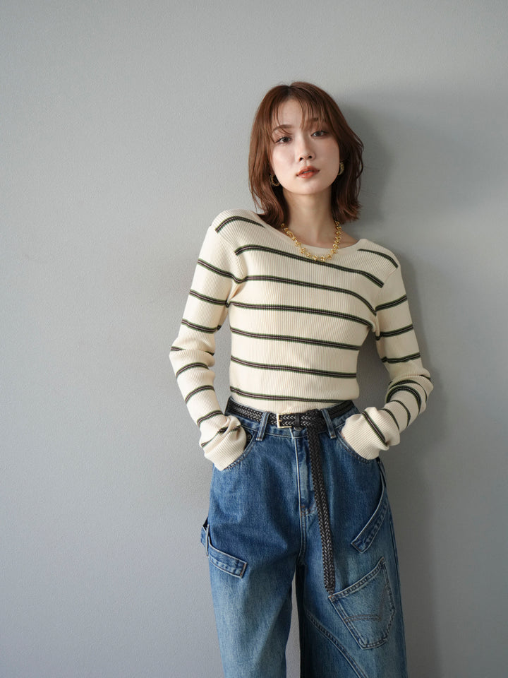 [予約]バックオープンボーダーテレコリブトップス/アイボリー