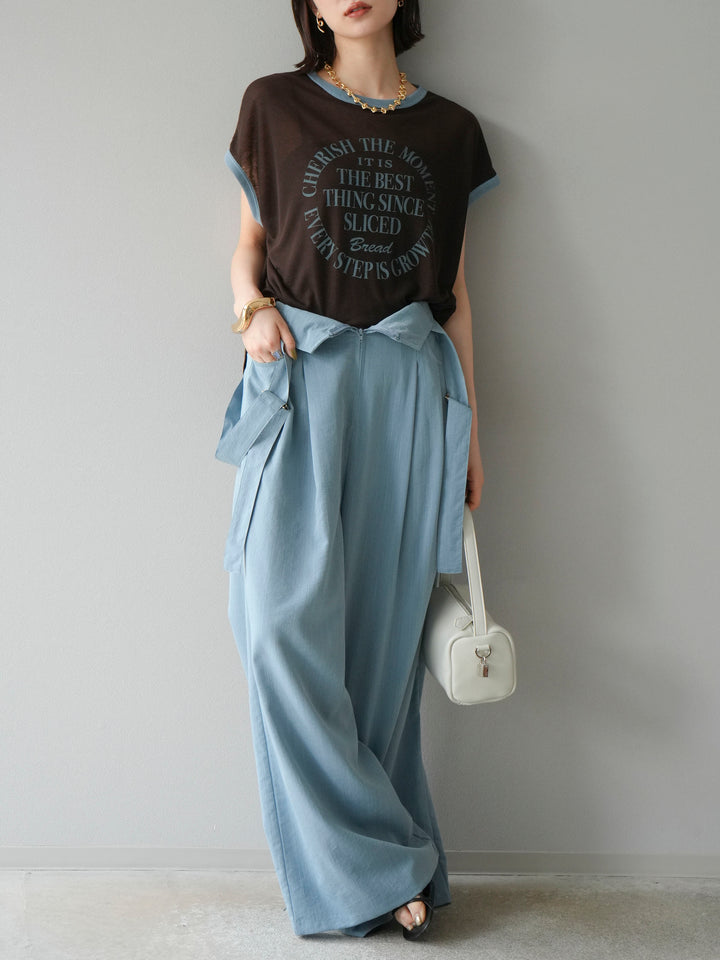 [SET]ストリングデザインハイウエストサロペット+シアーフライス ロゴプリントT (2set)