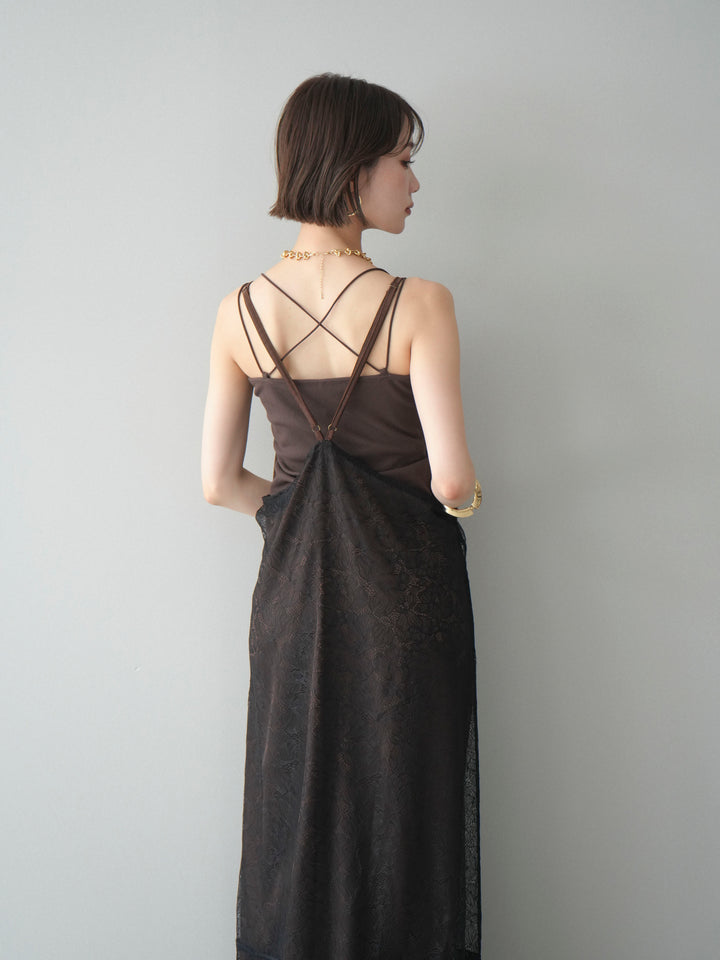 [予約]サテンレースレイヤードキャミワンピース/brown