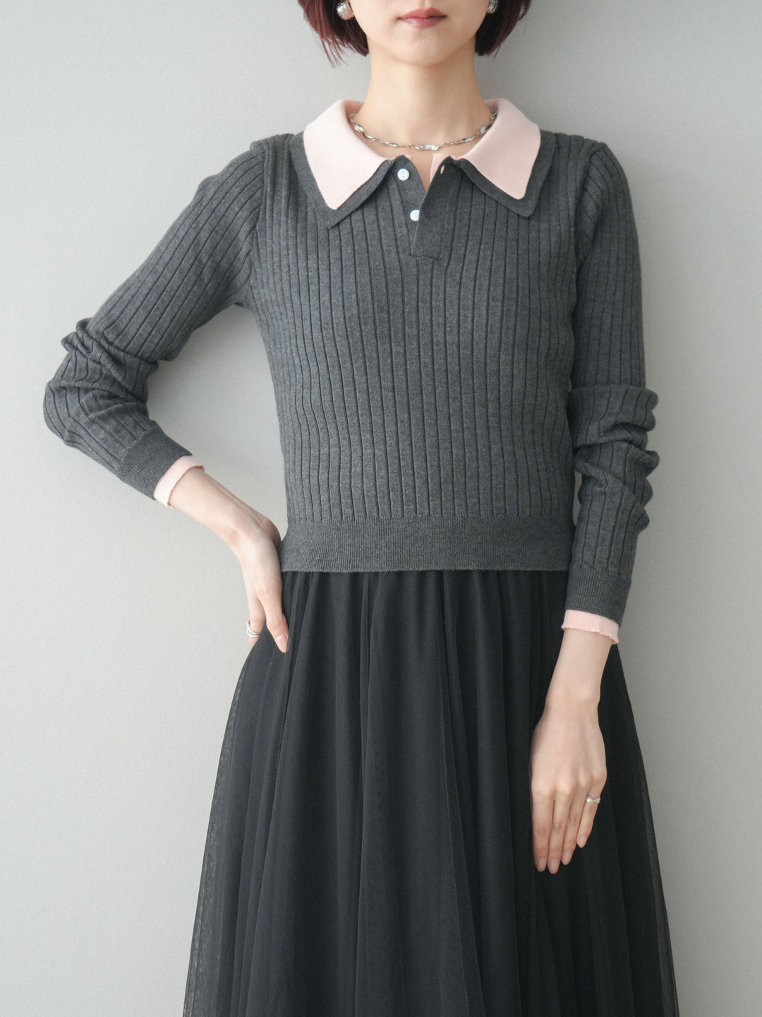 [SET]ダブル襟ポロリブニットトップス+チュールボリュームスカート(2set)
