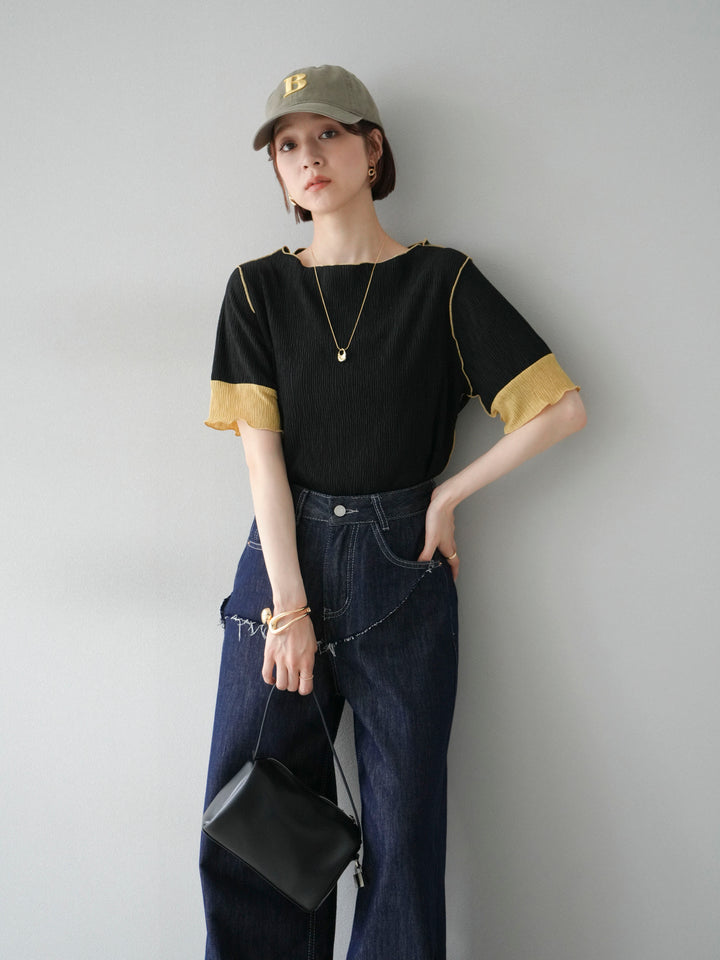 [SET] 百褶同色船領套頭衫 + 臀部設計牛仔褲（2 件組）