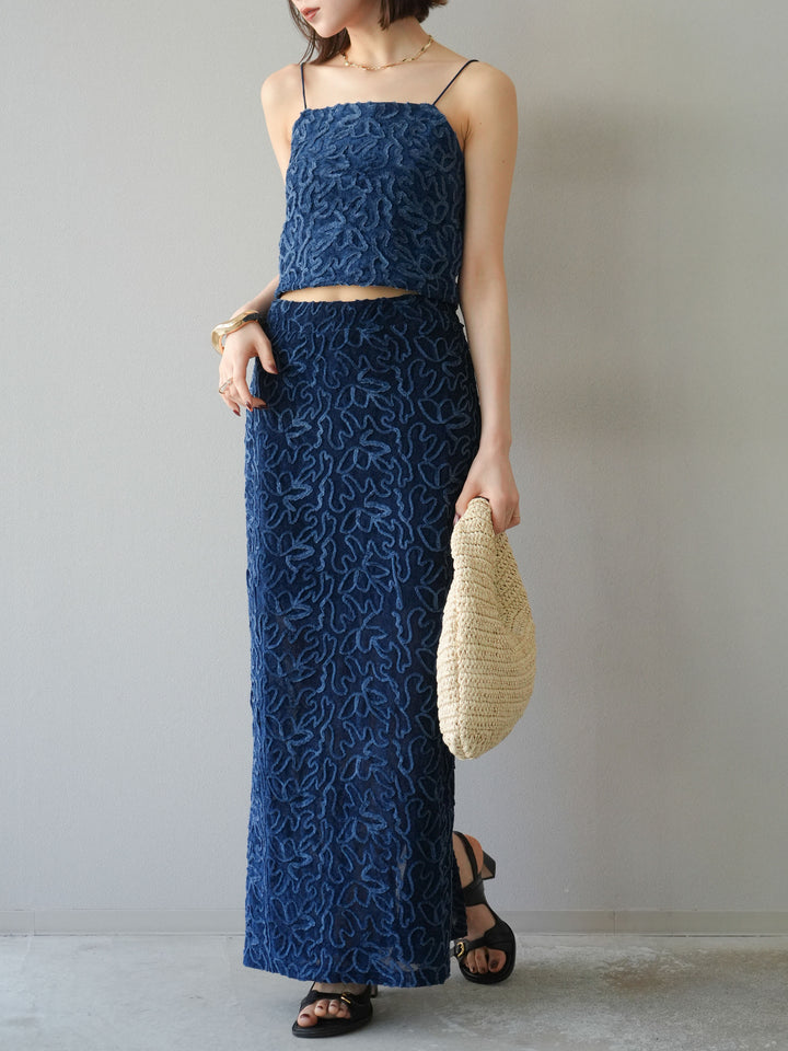 [予約]パイピングフラワーシアーベロアスカート/ネイビー