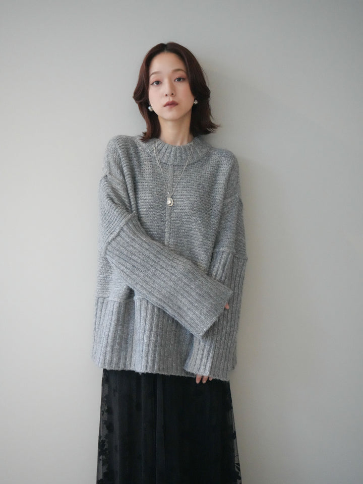 [SET]編み地切替ボトルネックニットプルオーバー+フラワーフロッキーチュールプリーツスカート(2set)