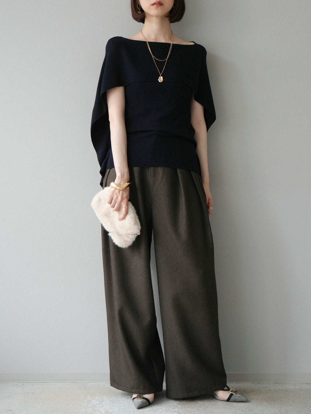 [予約]レザーパイピングタックワイドパンツ/ブラウン