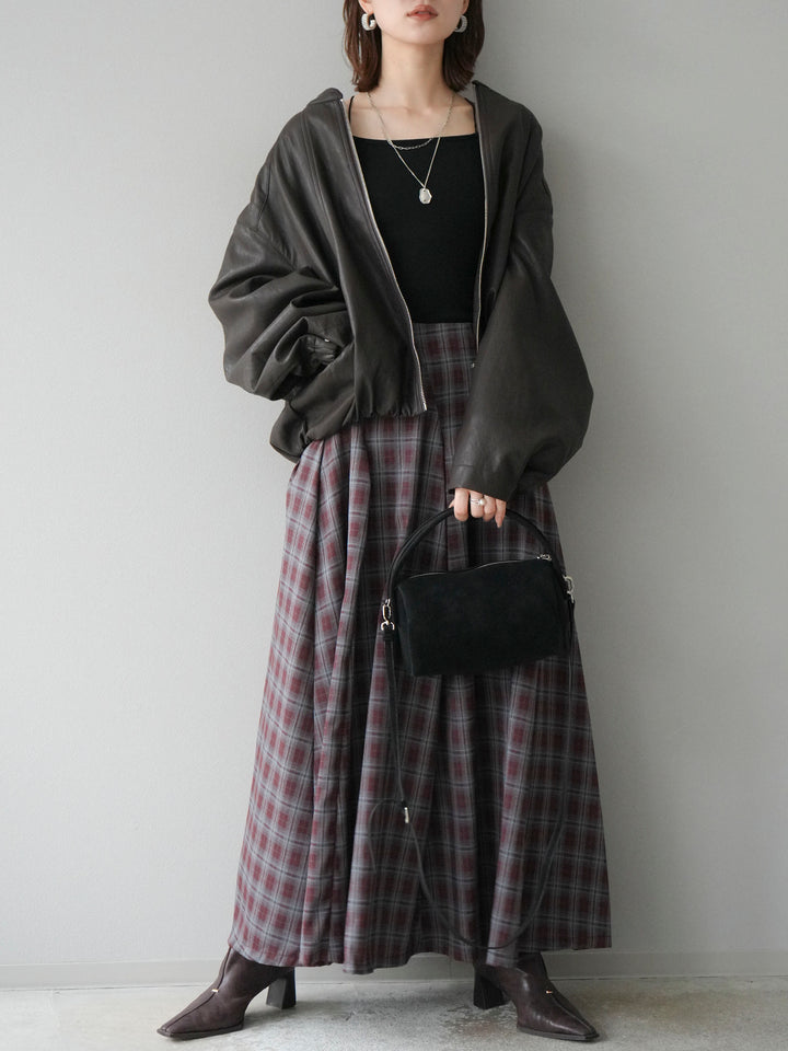 [予約]チェックタックフレアロングスカート/ ボルドー