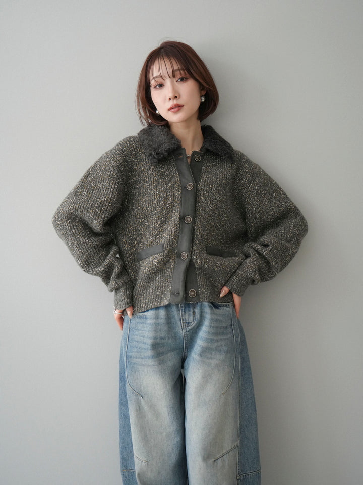 [SET]襟ボアミックスヤーンニットカーディガン+ベルト付カーブデニムパンツ(2set)