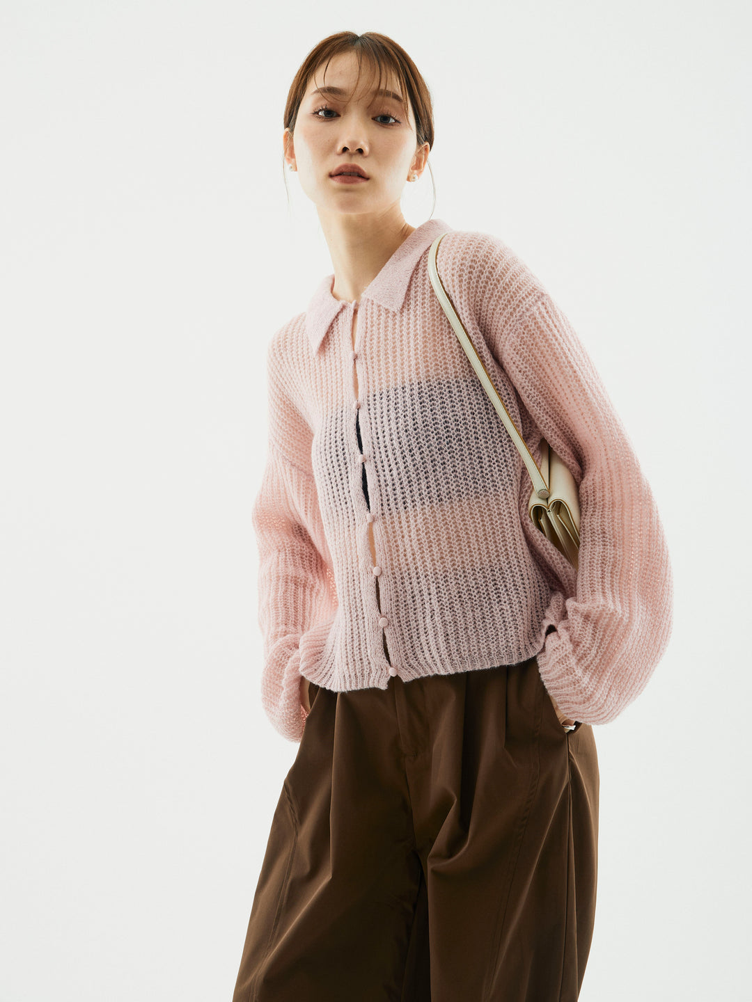 【Allure】[SET]起毛片畦編みシアーポロニット+タフタワイドカーブパンツ(2set)