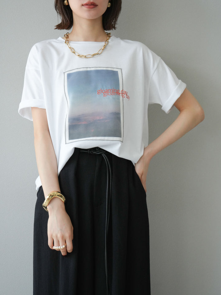 [予約]チュールレイヤードプリントTシャツ/オフ