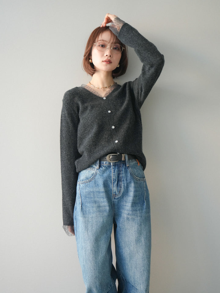 [SET]ドットチュールレイヤードボタンニットトップス+選べるアクセセット(2set)