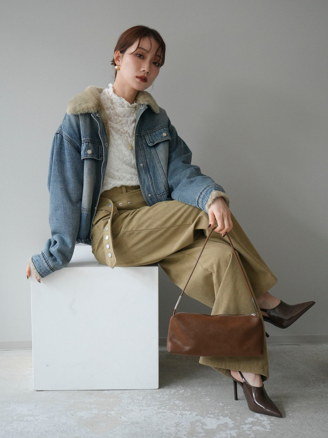 [予約]デニム×ファーステンカラーショートジャケット/lightblue