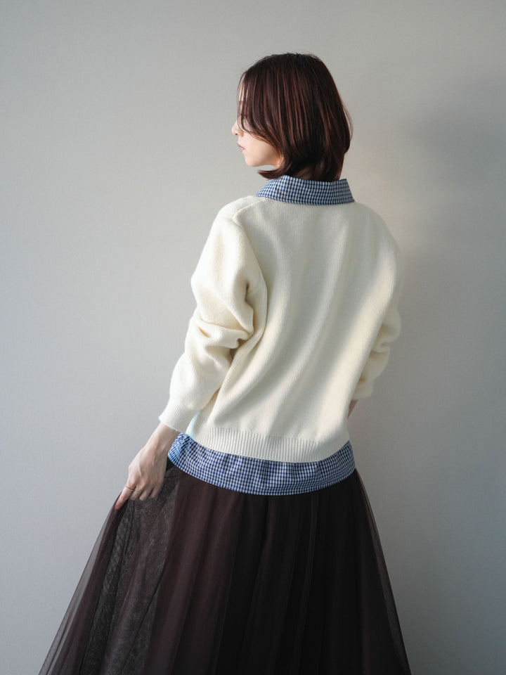 [SET]チェックシャツ襟ニットカーディガン+チュールボリュームスカート(2set)