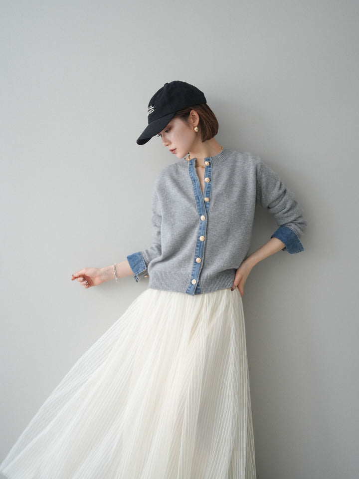 [SET]クルーネックデニムドッキングニットカーディガン+選べるアクセセット(2set)