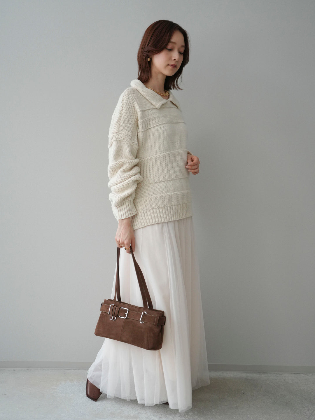 [SET]襟付きボーダー編みニットプルオーバー+チュールボリュームスカート(2set)